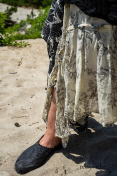 Inglenook Shirt Jacket in Beacon Black Stripe Twill Silk; Fairholme Dress in Ethereal Cream and Black Floral Voile; Cilla Slip Frock in Sailcloth Soft Ribbed Knit; Elliot Jacket in Beacon Black Flora and Fauna Knit. Ivey Abitz Bespoke Clothing.