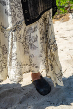 Inglenook Shirt Jacket in Beacon Black Stripe Twill Silk; Fairholme Dress in Ethereal Cream and Black Floral Voile; Cilla Slip Frock in Sailcloth Soft Ribbed Knit; Elliot Jacket in Beacon Black Flora and Fauna Knit. Ivey Abitz Bespoke Clothing.