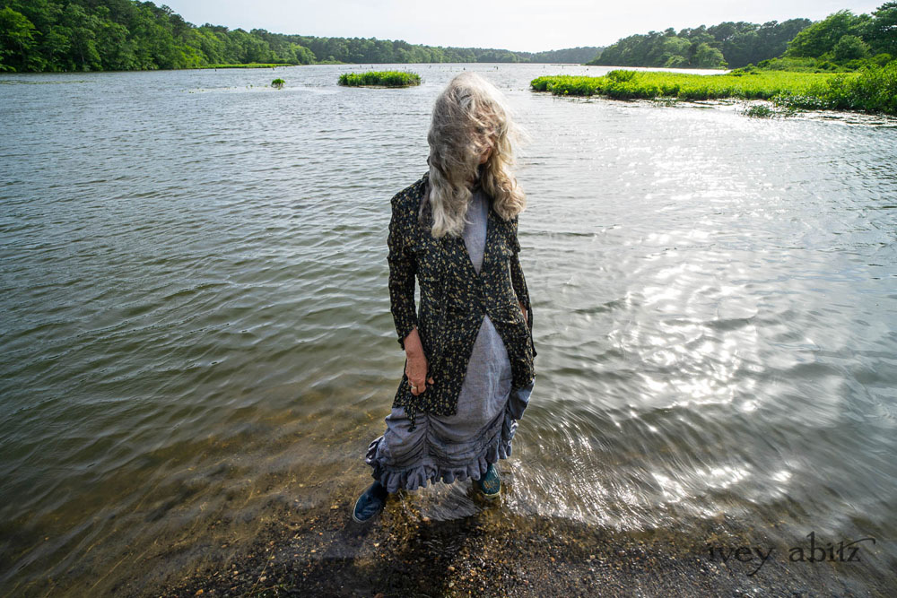 Milton Duster Coat in Summer Land Crinkled Silk Chiffon; Clemmie Frock in Cape Sunrise Washed Linen; Fairholme Sash in Summer Land Floral Silk Chiffon. Ivey Abitz Bespoke Clothing.