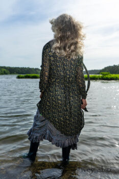 Milton Duster Coat in Summer Land Crinkled Silk Chiffon; Clemmie Frock in Cape Sunrise Washed Linen; Fairholme Sash in Summer Land Floral Silk Chiffon. Ivey Abitz Bespoke Clothing.
