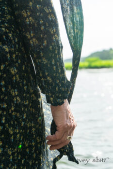 Milton Duster Coat in Summer Land Crinkled Silk Chiffon; Clemmie Frock in Cape Sunrise Washed Linen; Fairholme Sash in Summer Land Floral Silk Chiffon. Ivey Abitz Bespoke Clothing.