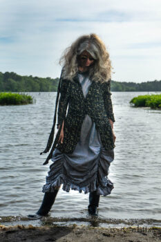 Milton Duster Coat in Summer Land Crinkled Silk Chiffon; Clemmie Frock in Cape Sunrise Washed Linen; Fairholme Sash in Summer Land Floral Silk Chiffon. Ivey Abitz Bespoke Clothing.