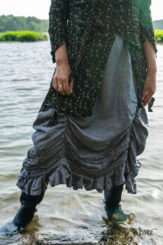 Milton Duster Coat in Summer Land Crinkled Silk Chiffon; Clemmie Frock in Cape Sunrise Washed Linen; Fairholme Sash in Summer Land Floral Silk Chiffon. Ivey Abitz Bespoke Clothing.