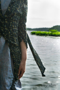Milton Duster Coat in Summer Land Crinkled Silk Chiffon; Clemmie Frock in Cape Sunrise Washed Linen; Fairholme Sash in Summer Land Floral Silk Chiffon. Ivey Abitz Bespoke Clothing.
