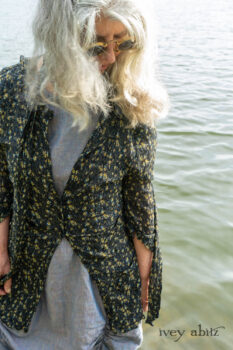 Milton Duster Coat in Summer Land Crinkled Silk Chiffon; Clemmie Frock in Cape Sunrise Washed Linen; Fairholme Sash in Summer Land Floral Silk Chiffon. Ivey Abitz Bespoke Clothing.