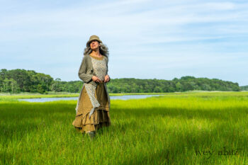 Ans Jacket in Woodlawn Melange Knit; Lumiere Frock in Cape Floral Silk Chiffon; Everett Frock in Summer Land and Seagrass Washed Linen. Ivey Abitz Bespoke Clothing.