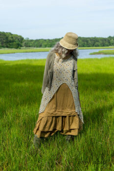 Ans Jacket in Woodlawn Melange Knit; Lumiere Frock in Cape Floral Silk Chiffon; Everett Frock in Summer Land and Seagrass Washed Linen. Ivey Abitz Bespoke Clothing.