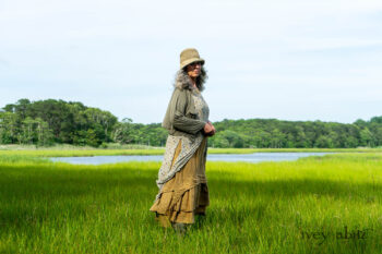 Ans Jacket in Woodlawn Melange Knit; Lumiere Frock in Cape Floral Silk Chiffon; Everett Frock in Summer Land and Seagrass Washed Linen. Ivey Abitz Bespoke Clothing.