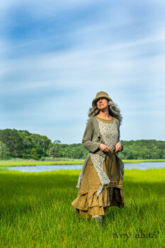 Ans Jacket in Woodlawn Melange Knit; Lumiere Frock in Cape Floral Silk Chiffon; Everett Frock in Summer Land and Seagrass Washed Linen. Ivey Abitz Bespoke Clothing.