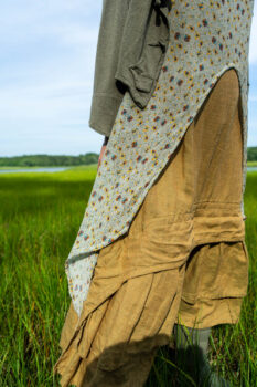Ans Jacket in Woodlawn Melange Knit; Lumiere Frock in Cape Floral Silk Chiffon; Everett Frock in Summer Land and Seagrass Washed Linen. Ivey Abitz Bespoke Clothing.