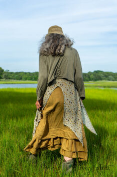 Ans Jacket in Woodlawn Melange Knit; Lumiere Frock in Cape Floral Silk Chiffon; Everett Frock in Summer Land and Seagrass Washed Linen. Ivey Abitz Bespoke Clothing.