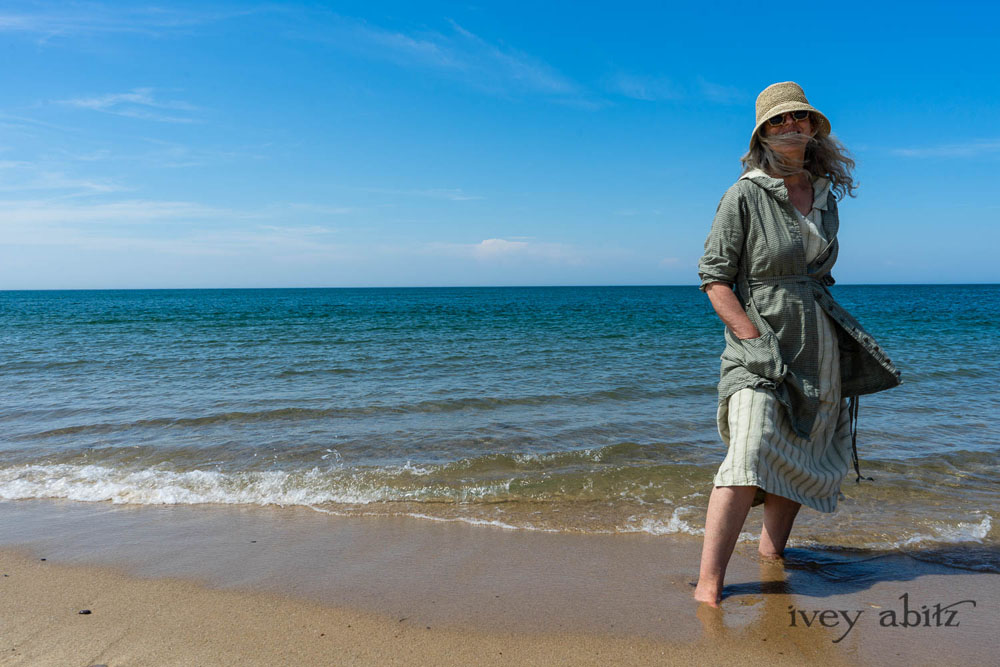 Chevallier Shirt in Seagrass Petite Check Linen; Vanetten Frock in Seagrass Washed Stripe Linen; Cilla Slip Frock in Sailcloth Soft Ribbed Knit. Ivey Abitz Bespoke Clothing.