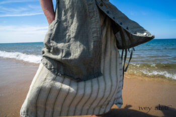 Chevallier Shirt in Seagrass Petite Check Linen; Vanetten Frock in Seagrass Washed Stripe Linen; Cilla Slip Frock in Sailcloth Soft Ribbed Knit. Ivey Abitz Bespoke Clothing.