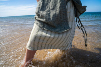 Chevallier Shirt in Seagrass Petite Check Linen; Vanetten Frock in Seagrass Washed Stripe Linen; Cilla Slip Frock in Sailcloth Soft Ribbed Knit. Ivey Abitz Bespoke Clothing.