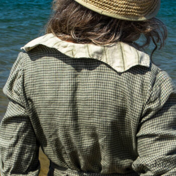Chevallier Shirt in Seagrass Petite Check Linen; Vanetten Frock in Seagrass Washed Stripe Linen; Cilla Slip Frock in Sailcloth Soft Ribbed Knit. Ivey Abitz Bespoke Clothing.