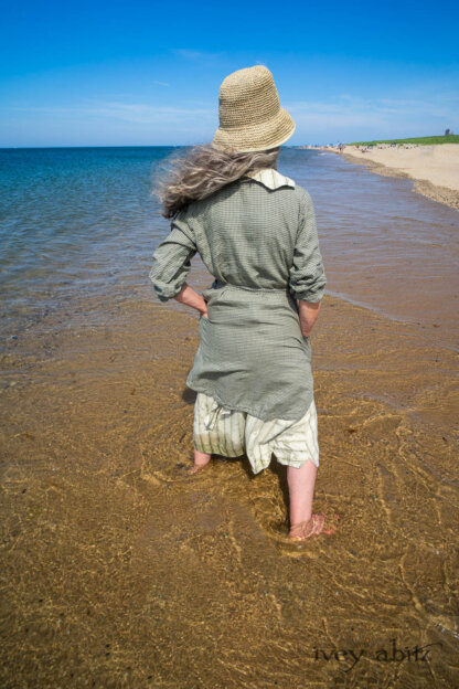Chevallier Shirt in Seagrass Petite Check Linen; Vanetten Frock in Seagrass Washed Stripe Linen; Cilla Slip Frock in Sailcloth Soft Ribbed Knit. Ivey Abitz Bespoke Clothing.