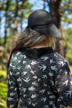 Elliot Jacket in Beacon Black Flora and Fauna Knit; Inglenook Shirt Jacket in Beacon Black Stripe Twill Silk; Fairholme Dress in Ethereal Cream and Black Floral Voile; Cilla Slip Frock in Sailcloth Soft Ribbed Knit. Ivey Abitz Bespoke Clothing.
