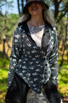 Elliot Jacket in Beacon Black Flora and Fauna Knit; Inglenook Shirt Jacket in Beacon Black Stripe Twill Silk; Fairholme Dress in Ethereal Cream and Black Floral Voile; Cilla Slip Frock in Sailcloth Soft Ribbed Knit. Ivey Abitz Bespoke Clothing.