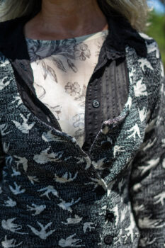Elliot Jacket in Beacon Black Flora and Fauna Knit; Inglenook Shirt Jacket in Beacon Black Stripe Twill Silk; Fairholme Dress in Ethereal Cream and Black Floral Voile; Cilla Slip Frock in Sailcloth Soft Ribbed Knit. Ivey Abitz Bespoke Clothing.