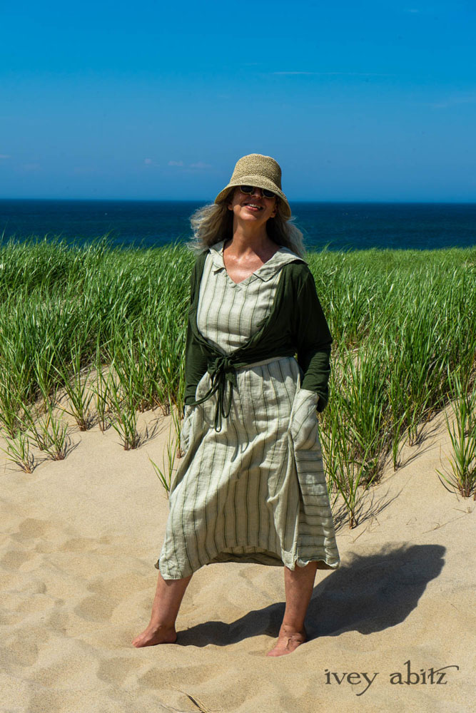 Chevallier Cardigan in Seagrass Melange Knit; Vanetten Frock in Seagrass Washed Stripe Linen; Cilla Slip Frock in Sailcloth Soft Ribbed Knit. Ivey Abitz Bespoke Clothing.