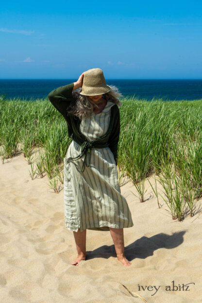 Chevallier Cardigan in Seagrass Melange Knit; Vanetten Frock in Seagrass Washed Stripe Linen; Cilla Slip Frock in Sailcloth Soft Ribbed Knit. Ivey Abitz Bespoke Clothing.