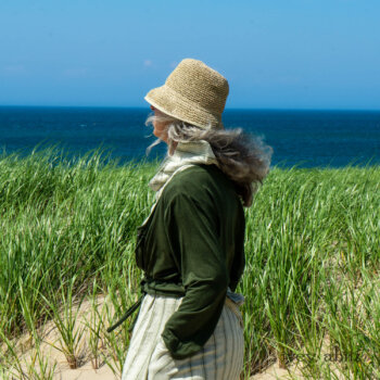 Chevallier Cardigan in Seagrass Melange Knit; Vanetten Frock in Seagrass Washed Stripe Linen; Cilla Slip Frock in Sailcloth Soft Ribbed Knit. Ivey Abitz Bespoke Clothing.