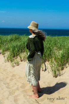 Chevallier Cardigan in Seagrass Melange Knit; Vanetten Frock in Seagrass Washed Stripe Linen; Cilla Slip Frock in Sailcloth Soft Ribbed Knit. Ivey Abitz Bespoke Clothing.