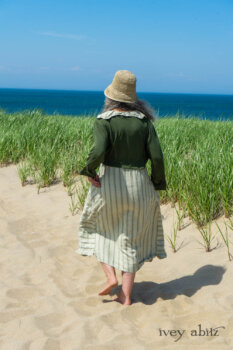 Chevallier Cardigan in Seagrass Melange Knit; Vanetten Frock in Seagrass Washed Stripe Linen; Cilla Slip Frock in Sailcloth Soft Ribbed Knit. Ivey Abitz Bespoke Clothing.