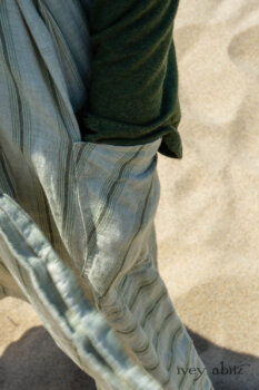 Chevallier Cardigan in Seagrass Melange Knit; Vanetten Frock in Seagrass Washed Stripe Linen; Cilla Slip Frock in Sailcloth Soft Ribbed Knit. Ivey Abitz Bespoke Clothing.