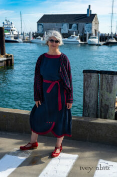 Limited Edition Gilbert Cardigan in National Seashore and Red Stripe Knit; Sennen Frock in National Seashore Washed Linen with Cape Rose Washed Linen details. Ivey Abitz Bespoke Clothing.