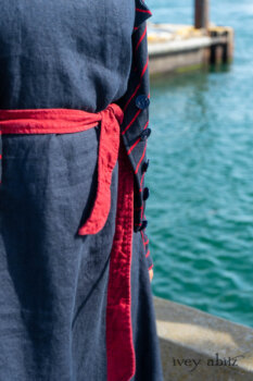 Limited Edition Gilbert Cardigan in National Seashore and Red Stripe Knit; Sennen Frock in National Seashore Washed Linen with Cape Rose Washed Linen details. Ivey Abitz Bespoke Clothing.