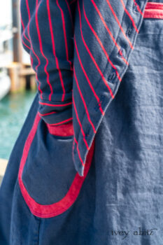 Limited Edition Gilbert Cardigan in National Seashore and Red Stripe Knit; Sennen Frock in National Seashore Washed Linen with Cape Rose Washed Linen details. Ivey Abitz Bespoke Clothing.