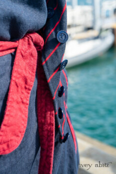 Limited Edition Gilbert Cardigan in National Seashore and Red Stripe Knit; Sennen Frock in National Seashore Washed Linen with Cape Rose Washed Linen details. Ivey Abitz Bespoke Clothing.