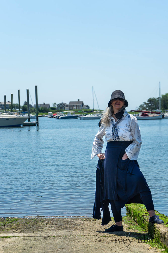 Highlands Shirt in National Seashore Sail Cotton; Clotaire Sash in National Seashore Floral Silk Chiffon; Cilla Camisole in Sailcloth Soft Ribbed Knit; Highlands Skirt in National Seashore Washed Ribbed Knit; Pierrepont Breeches-Leggings in National Seashore Washed Ribbed Knit. Ivey Abitz Bespoke Clothing.