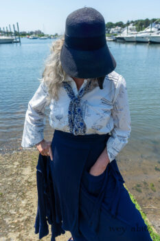 Highlands Shirt in National Seashore Sail Cotton; Clotaire Sash in National Seashore Floral Silk Chiffon; Cilla Camisole in Sailcloth Soft Ribbed Knit; Highlands Skirt in National Seashore Washed Ribbed Knit; Pierrepont Breeches-Leggings in National Seashore Washed Ribbed Knit. Ivey Abitz Bespoke Clothing.