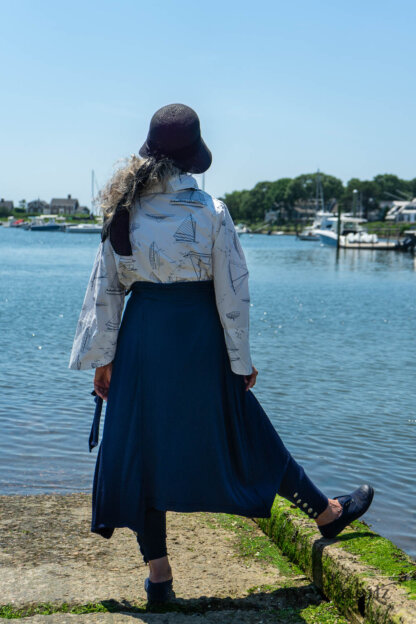 Highlands Shirt in National Seashore Sail Cotton; Clotaire Sash in National Seashore Floral Silk Chiffon; Cilla Camisole in Sailcloth Soft Ribbed Knit; Highlands Skirt in National Seashore Washed Ribbed Knit; Pierrepont Breeches-Leggings in National Seashore Washed Ribbed Knit. Ivey Abitz Bespoke Clothing.