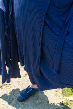 Highlands Shirt in National Seashore Sail Cotton; Clotaire Sash in National Seashore Floral Silk Chiffon; Cilla Camisole in Sailcloth Soft Ribbed Knit; Highlands Skirt in National Seashore Washed Ribbed Knit; Pierrepont Breeches-Leggings in National Seashore Washed Ribbed Knit. Ivey Abitz Bespoke Clothing.