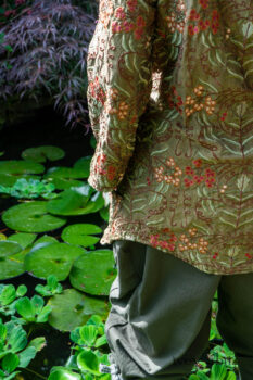 Grasmere Shirt in Woodlawn Vine Embroidered Washed Silk; Chevallier Trousers in Seagrass Herringbone Twill. Ivey Abitz Bespoke Clothing.