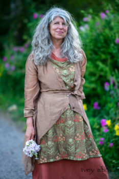 Lumiere Jacket in Coral Washed Voile; River Frock in Woodlawn Vine Embroidered Washed Silk; Ans Frock in Coral Silk Cotton Old World Weave. Ivey Abitz Bespoke Clothing.