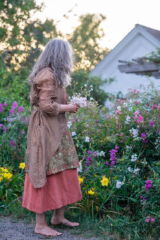 Lumiere Jacket in Coral Washed Voile; River Frock in Woodlawn Vine Embroidered Washed Silk; Ans Frock in Coral Silk Cotton Old World Weave. Ivey Abitz Bespoke Clothing.