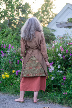 Lumiere Jacket in Coral Washed Voile; River Frock in Woodlawn Vine Embroidered Washed Silk; Ans Frock in Coral Silk Cotton Old World Weave. Ivey Abitz Bespoke Clothing.