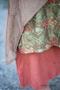 Lumiere Jacket in Coral Washed Voile; River Frock in Woodlawn Vine Embroidered Washed Silk; Ans Frock in Coral Silk Cotton Old World Weave. Ivey Abitz Bespoke Clothing.