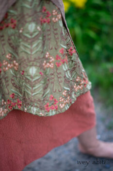 Lumiere Jacket in Coral Washed Voile; River Frock in Woodlawn Vine Embroidered Washed Silk; Ans Frock in Coral Silk Cotton Old World Weave. Ivey Abitz Bespoke Clothing.