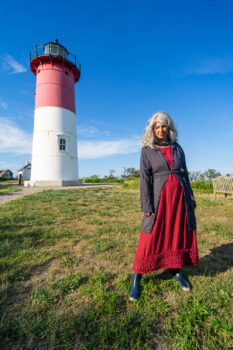 Viv Coat Dress in National Seashore Pinstripe Voile; Pierrepont Sash in National Seashore Pinstripe Voile; Cape Frock in Cape Rose Washed Linen. Ivey Abitz Bespoke Clothing.