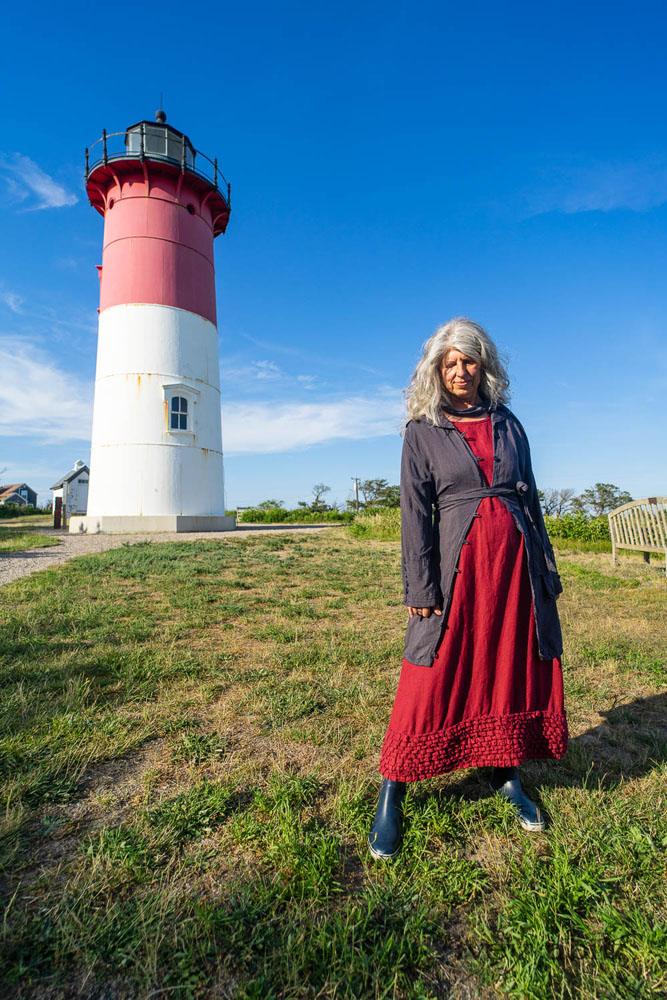 Viv Coat Dress in National Seashore Pinstripe Voile; Pierrepont Sash in National Seashore Pinstripe Voile; Cape Frock in Cape Rose Washed Linen. Ivey Abitz Bespoke Clothing.