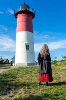 Viv Coat Dress in National Seashore Pinstripe Voile; Pierrepont Sash in National Seashore Pinstripe Voile; Cape Frock in Cape Rose Washed Linen. Ivey Abitz Bespoke Clothing.