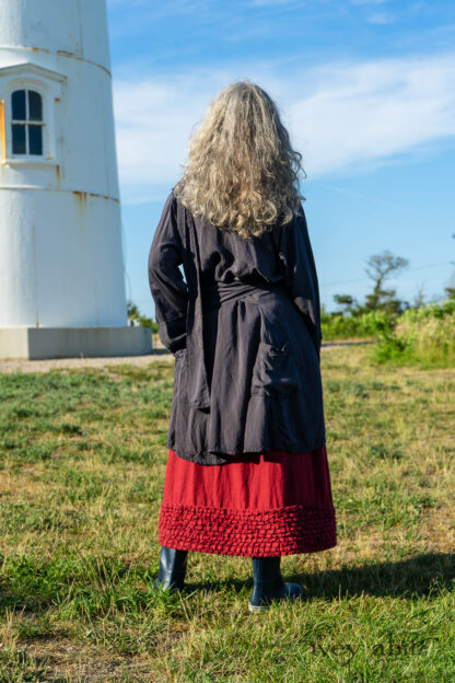 Viv Coat Dress in National Seashore Pinstripe Voile; Pierrepont Sash in National Seashore Pinstripe Voile; Cape Frock in Cape Rose Washed Linen. Ivey Abitz Bespoke Clothing.