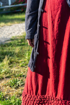 Viv Coat Dress in National Seashore Pinstripe Voile; Pierrepont Sash in National Seashore Pinstripe Voile; Cape Frock in Cape Rose Washed Linen. Ivey Abitz Bespoke Clothing.