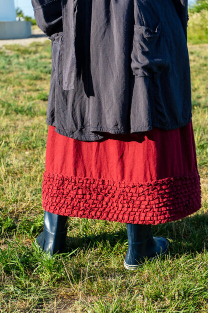 Viv Coat Dress in National Seashore Pinstripe Voile; Pierrepont Sash in National Seashore Pinstripe Voile; Cape Frock in Cape Rose Washed Linen. Ivey Abitz Bespoke Clothing.