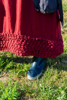 Viv Coat Dress in National Seashore Pinstripe Voile; Pierrepont Sash in National Seashore Pinstripe Voile; Cape Frock in Cape Rose Washed Linen. Ivey Abitz Bespoke Clothing.